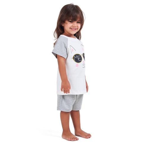 Girls summer pajama set Cat t-shirt + Grey shorts